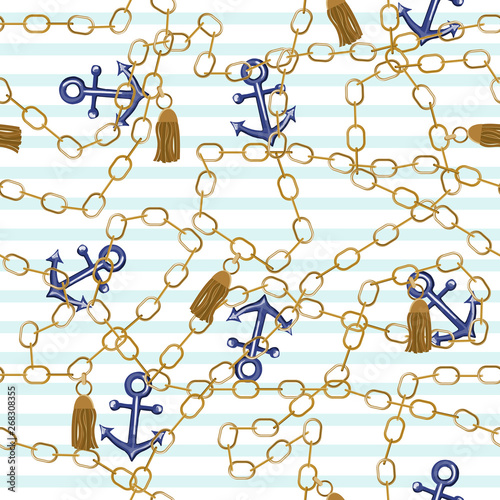 Seamless pattern with gold chain, tassel and anchor. Nautical fashion print. Vector hand drawn illustration.