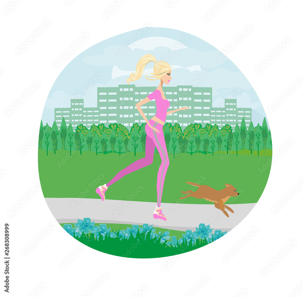 slim girl runs with a dog in the park