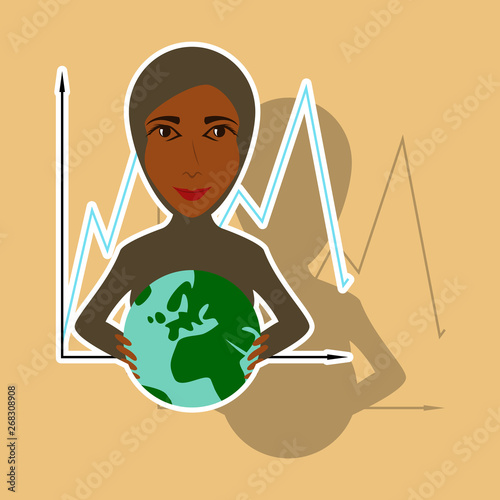 realistic paper sticker on theme Arabic business woman and economic graph