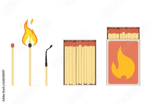 Set of mathces and matchbox. Unsed, burning, burnt matchsticks and opened matchboxes.