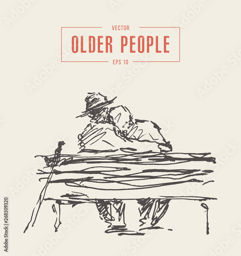 Elderly couple sitting embracing park bench vector