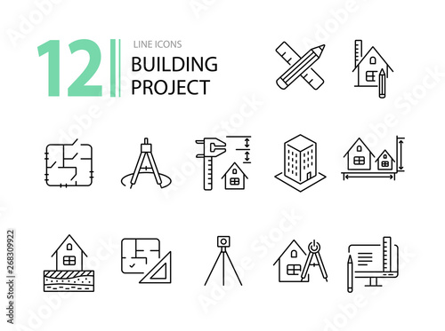Building project line icon set. Floor plan, layout, compass, ruler. Architecture concept. Can be used for topics like engineering, measurement, construction
