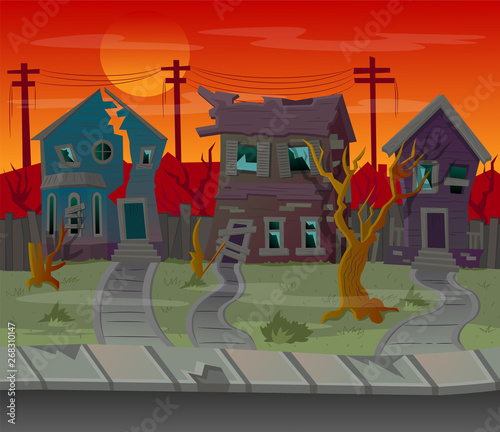 Background for games.Cartoon street with abandoned houses.Vector illustration