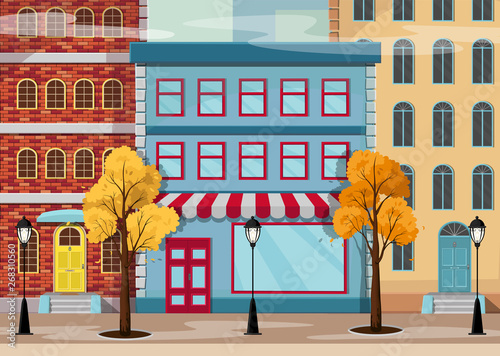 Autumn city with yellow trees and falling leaves, lights, houses, road. Vector illustration.