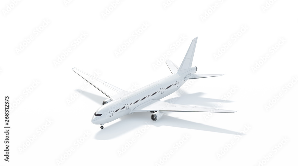 Blank white airplane mockup stand, side view isolated, 3d rendering. Clear plain air transport projected mock up template. Empty avia aerobus model for logo design branding. Clean passenger aircraft.