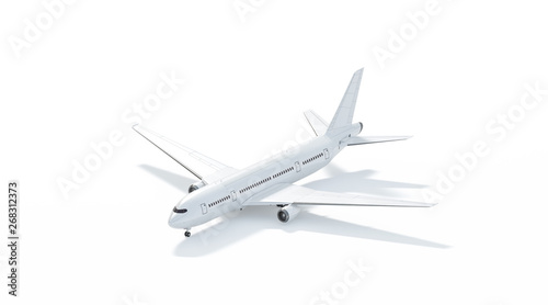 Blank white airplane mockup stand, side view isolated, 3d rendering. Clear plain air transport projected mock up template. Empty avia aerobus model for logo design branding. Clean passenger aircraft.