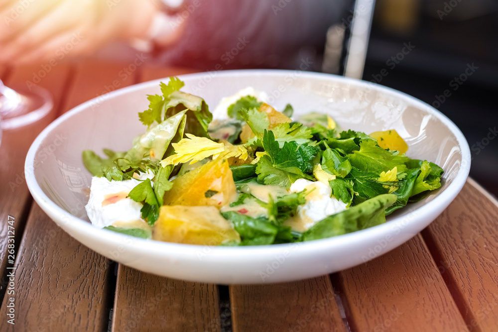 Fresh salad in a plate of vegetables and greens with mozzarella cheese pieces. Ready meal Fresh salad in a plate of vegetables and greens with mozzarella cheese pieces. Ready meal