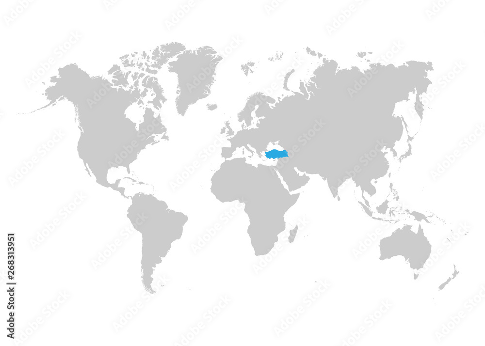 Turkey map is highlighted in blue on the world map Turkey map is highlighted in blue on the world map