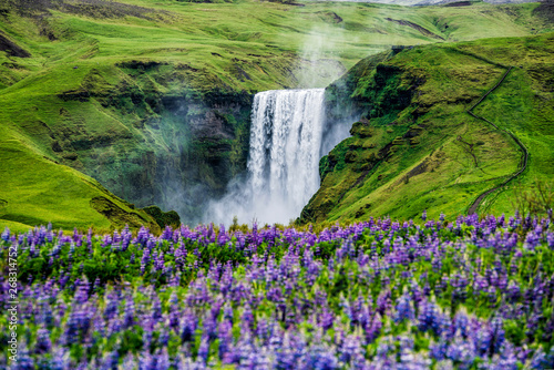 Beautiful scenery of the majestic Skogafoss Waterfall in countryside of Iceland in summer. Skogafoss waterfall is the top famous natural landmark and tourist destination place of Iceland and Europe.