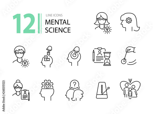 Mental science line icon set. Patient, psychologist, brain work. Psychology concept. Can be used for topics like psychoanalysis, mental activity, family therapy