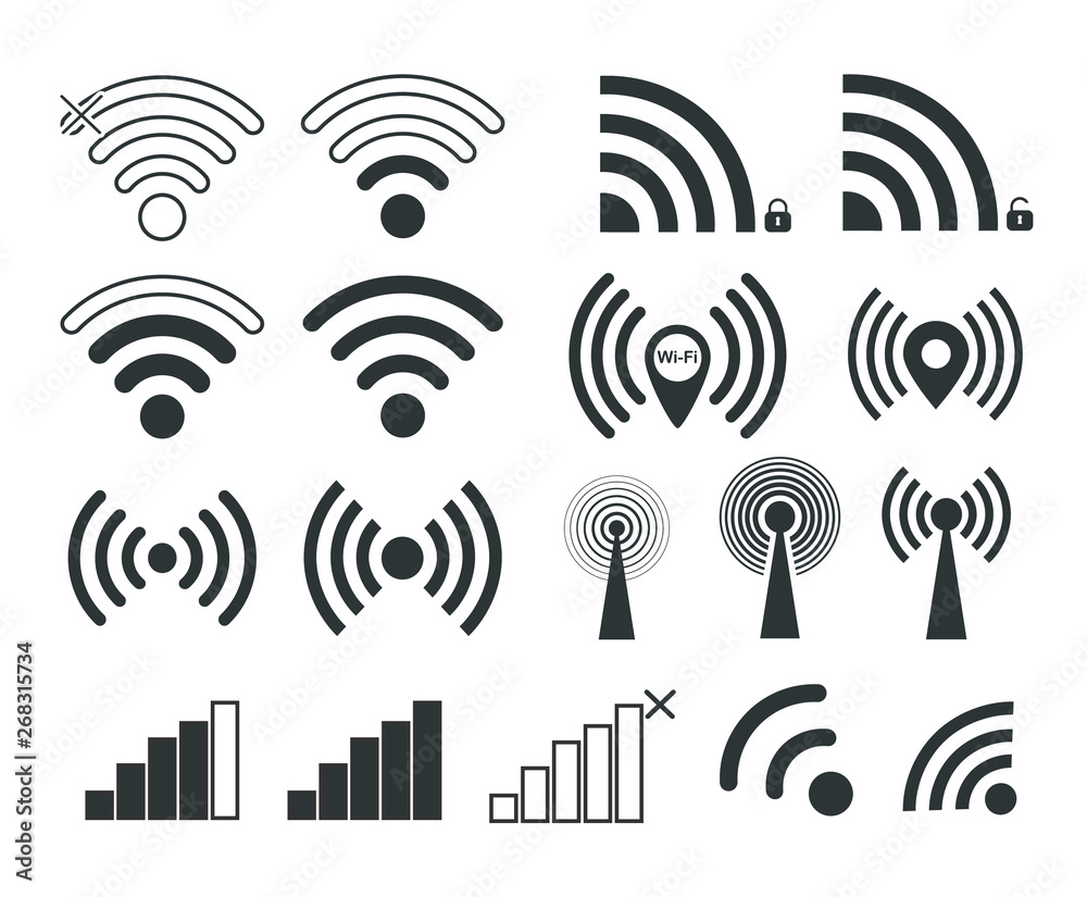 Wi-Fi. Set of wi-fi icons. Distribution of the Internet.