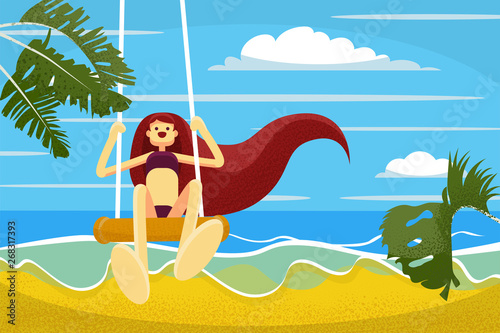 Beautiful hand drawn flat style girl with long hair is enjoying summer day by the sea, swings, beach, blue sky. Isolated on white background. Stock vector illustration.