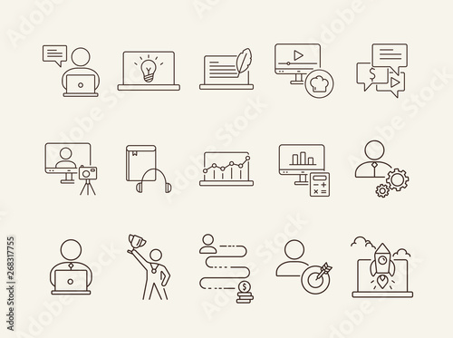 Web seminar line icon set. Computer, achievement, webinar. Self-development concept. Can be used for topics like education, gamification, technology