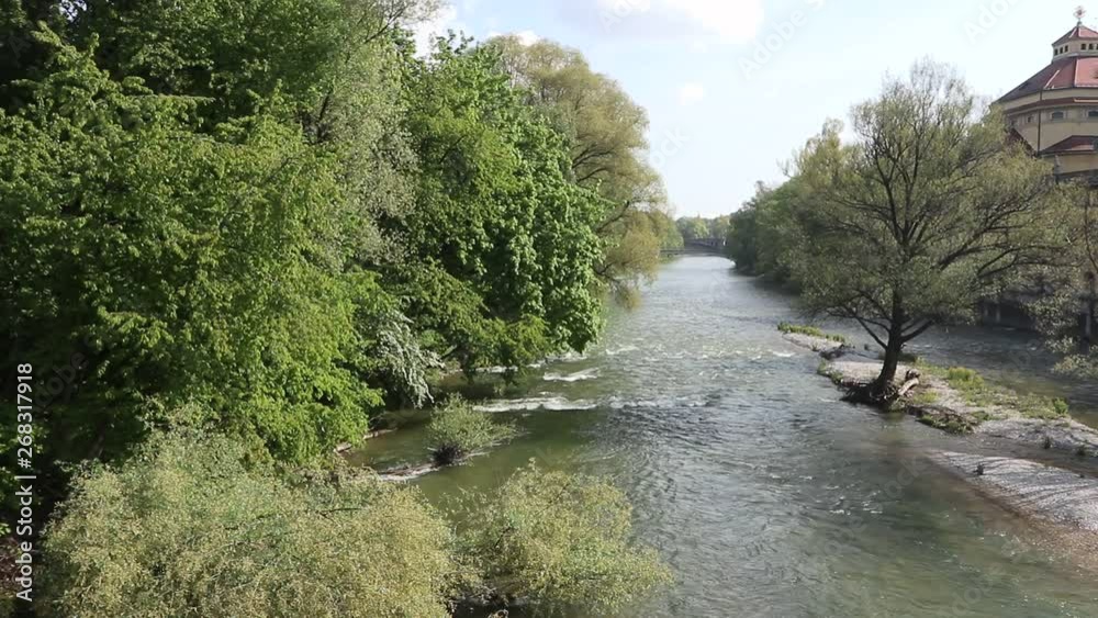 Panoramic spring view of Isar river in Munich with the clear and clean waters running