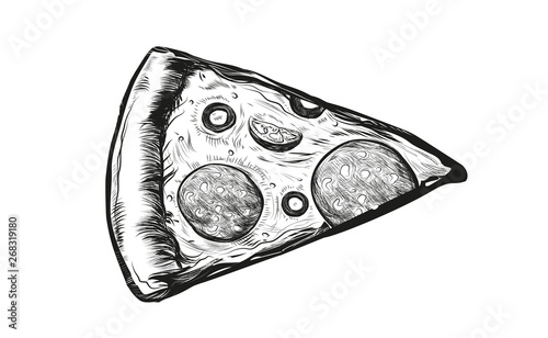 Slice of delicious pizza with tomatoes, salami and olives. Hand drawn vector illustration of italian food isolated on white background. Vintage pizza chalk sketch style.