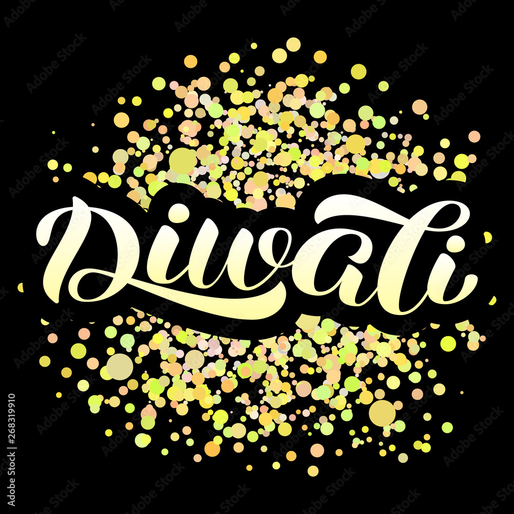 Diwali holiday lettering, Vector illustration with golden confetti