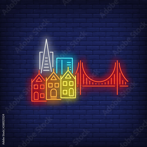 San Francisco city buildings and Golden Gate bridge neon sign. Sightseeing, tourism, travel design. Night bright neon sign, colorful billboard, light banner. Vector illustration in neon style.