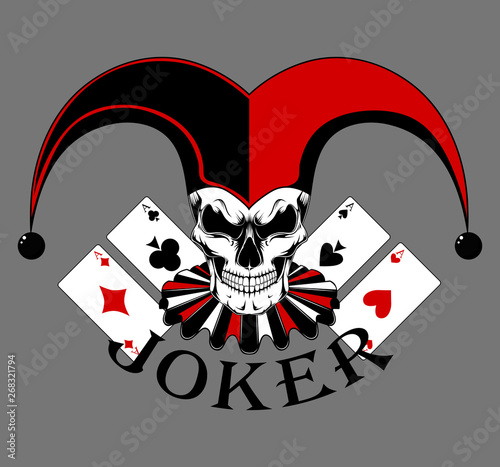 Joker skull with cards. Vector image on gray background.