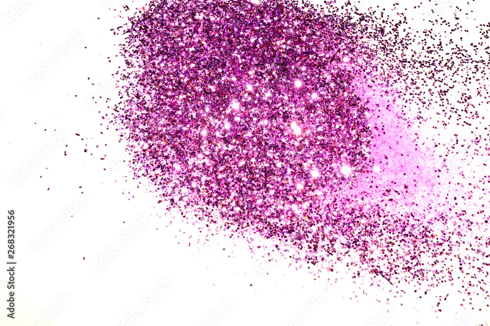 Purple glitter sparkles on white background. Beautiful abstract backdrop for vip design, fashion, make up, nail art, shopping, cards design, beauty concept