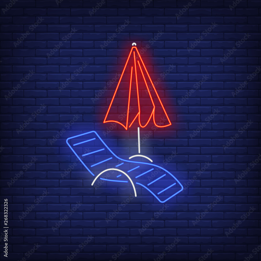 Chaise longue and beach umbrella neon sign. Summer, holiday, vacation, resort design. Night