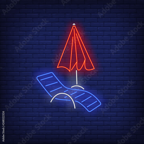 Chaise longue and beach umbrella neon sign. Summer, holiday, vacation, resort design. Night bright neon sign, colorful billboard, light banner. Vector illustration in neon style.