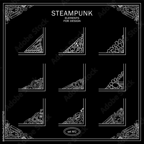 Vector set of square corners for frames, cards, invitations. Steampunk mechanical elements. Hand drawn vintage collection. Wave elements for design. Chalkboard design, black and white color