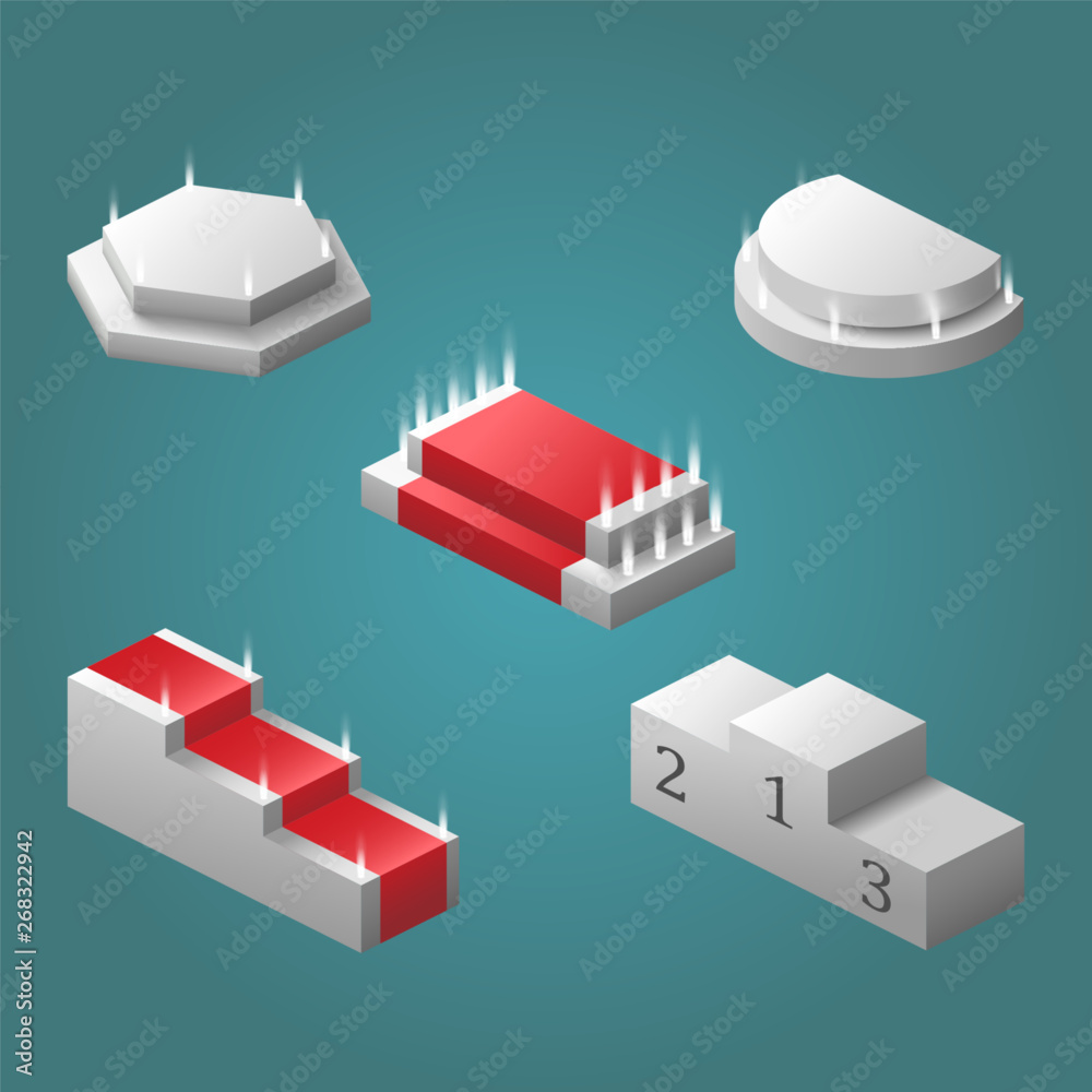 A set of podiums in perspective of different shapes and types. Podium