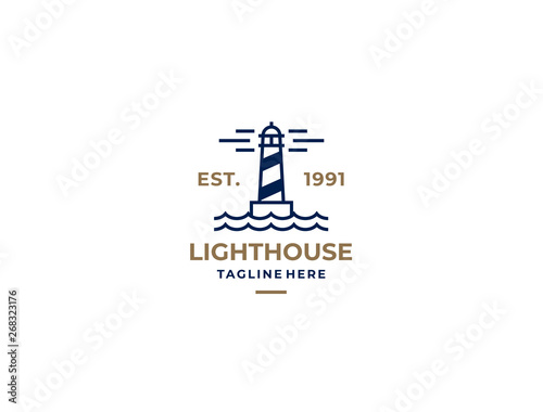 Lighthouse, Beacon logo icon. Vector Illustration. Modern linear simple logotype template. Lighthouses and ocean waves.