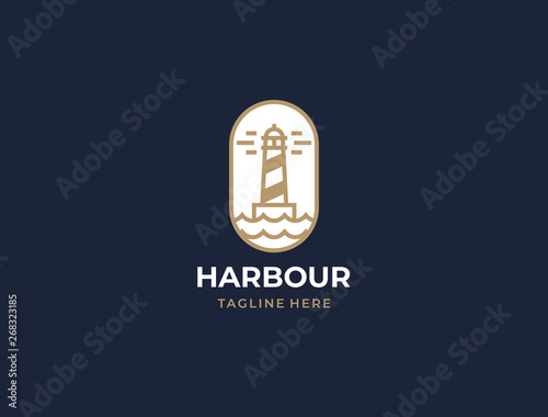 Lighthouse, Beacon logo icon. Vector Illustration. Modern linear simple logotype template. Lighthouses and ocean waves.