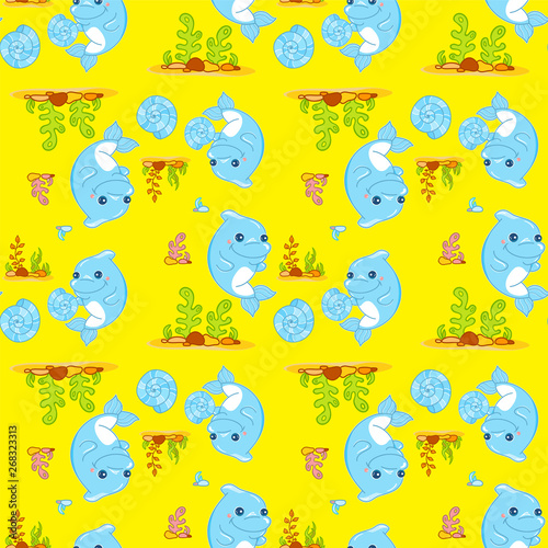 Abstract vector seamless pattern. Funny baby boy dolphin with seashells and seaweeds on colored background. Cartoon pattern for kid’s design, fabric, textile, wallpaper, paper. Bright colors