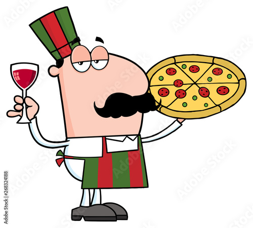 Pizza Chef Cartoon Character Holding A Glass With Wine. Vector Illustration Isolated On Transparent Background