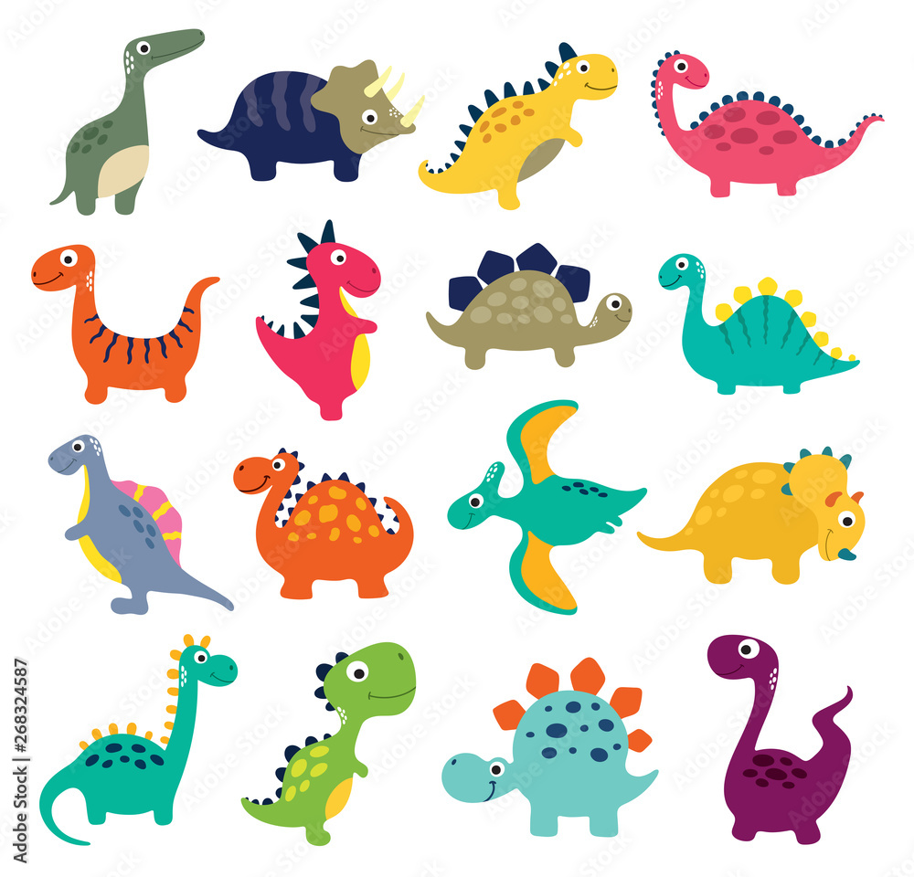 Naklejka Kolekcja dinozaurów śmieszne kreskówki. Ilustracji wektorowych