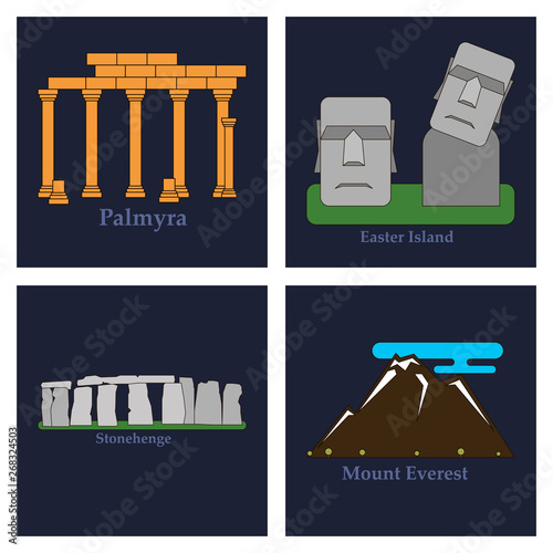Travel, journey concept. Famous monuments of world countries. Vector illustration