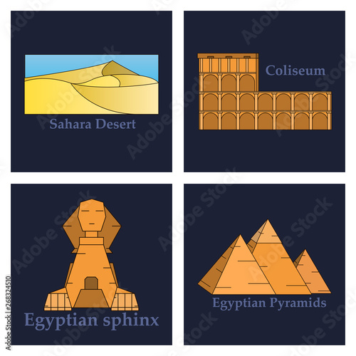 Travel, journey concept. Famous monuments of world countries. Vector illustration