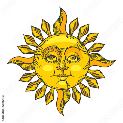 Sun with face color sketch line art engraving vector illustration. Scratch board style imitation. Hand drawn image.