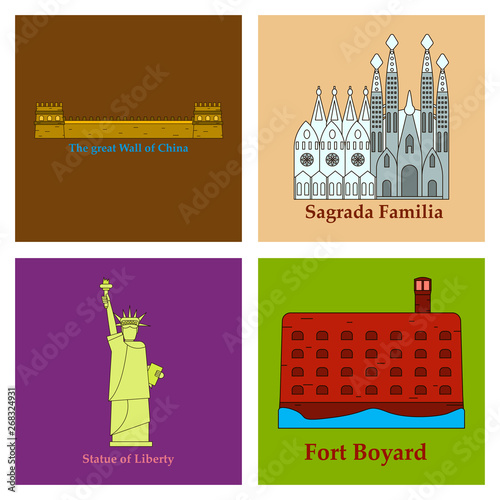 Travel, journey concept. Famous monuments of world countries. Vector illustration