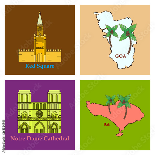 Travel, journey concept. Famous monuments of world countries. Vector illustration