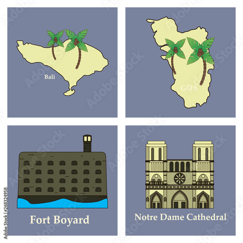 Travel, journey concept. Famous monuments of world countries. Vector illustration