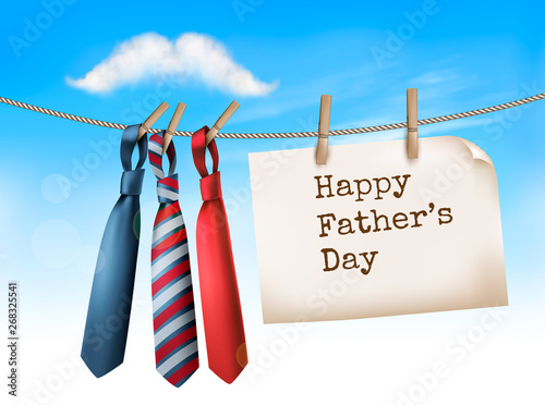 Happy Father's Day Background With A Three Ties On Rope and Moustache Shaped Cloud. Vector illustration