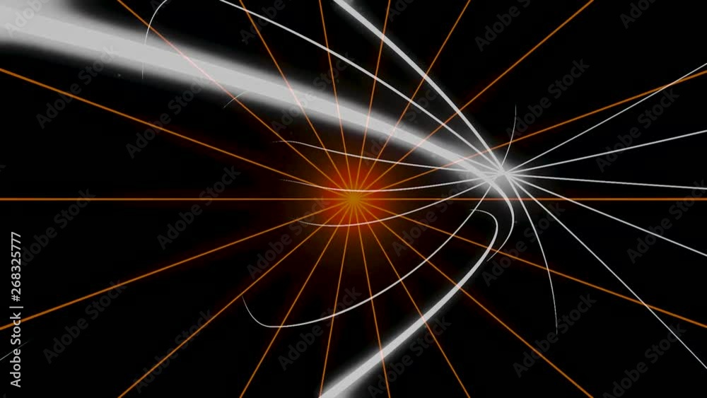 Abstract orange rays flying into the sides near chaotic movement of white narrow lines, seamless loop. Animation. Colorful laser rays flying on black background.