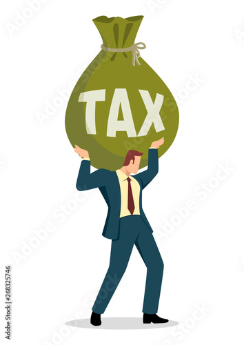 Businessman holding a big money bag with the word tax