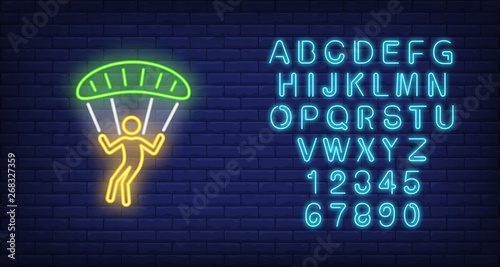 Person paragliding on paraplane neon sign. Extreme sport and advertisement design. Night bright neon sign, colorful billboard, light banner. Vector illustration in neon style.