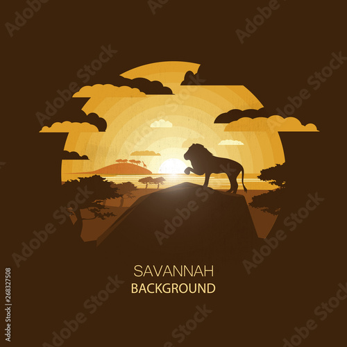 African landscape.Savannah. Lion standing on a hill.Negative space illustration