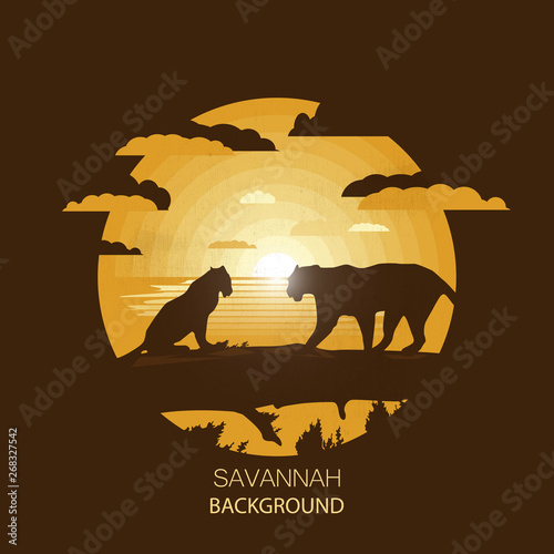 African landscape.Savannah.Two gepards on the tree.Negative space illustration