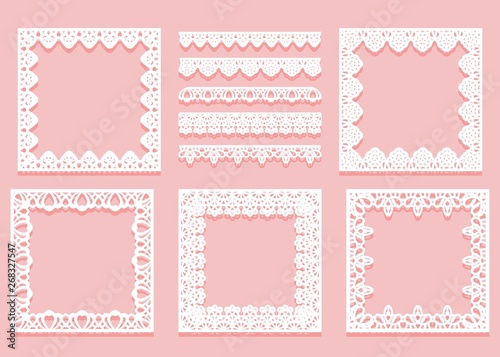 Set of white lace framework of square shapes and dividers. Tracery vintage elements isolated on a pink background.