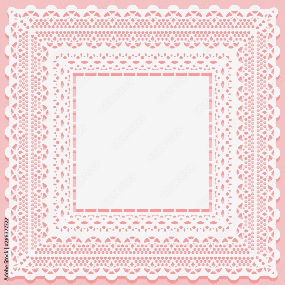 White lacy square doily isolated on a pink background. Openwork lace frame towel mat.