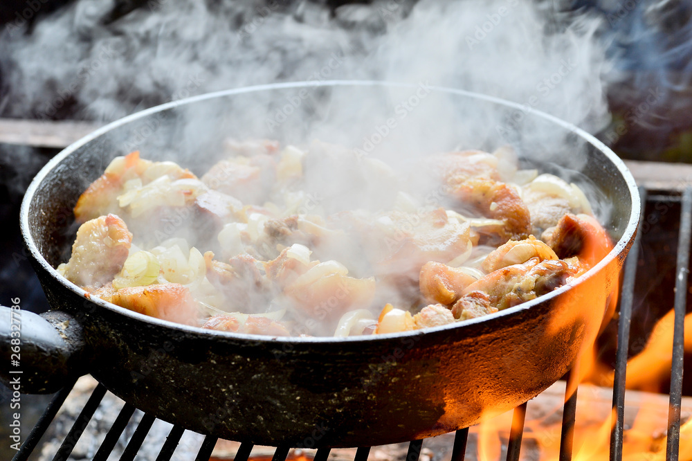 Cooking meat in a pan with onions on the grill. Fried pork Cooking meat in a pan with onions on the grill. Fried pork