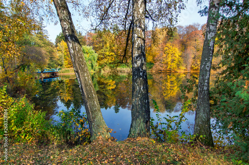 Autumn landscape in park with lake.