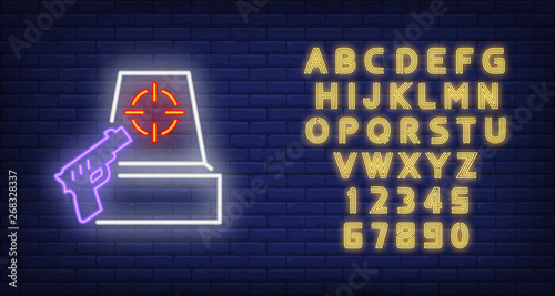 Shooter game neon icon. Gun and target on brick wall background. Game or hobby concept. Vector illustration can be used for neon signs, posters, billboards, shooting range.