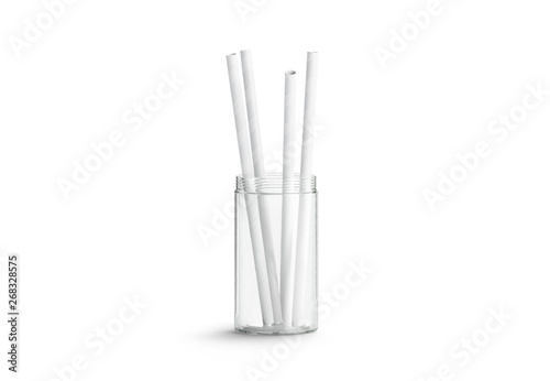 Blank white paper straws in glass mock up isolated, front view, 3d rendering. Clear drink pipes mock up. Clean transparent cup for drink with striped tubules. Empty eco party tubes for cocktails. © Alexandr Bognat
